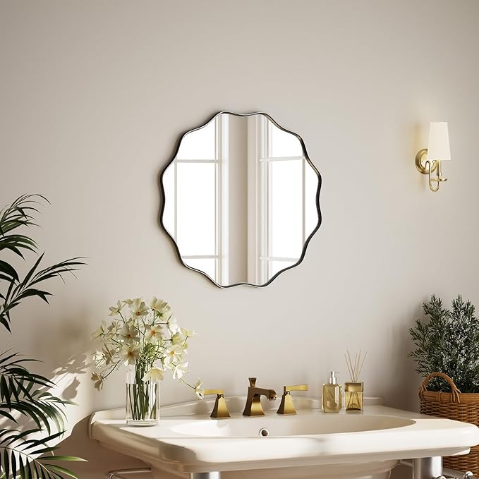 Round Wavy Mirror 20 Inch Bathroom Vanity Mirror Metal Frame Circle Wall Mounted Mirror for Bedroom Living Room Entryway Black