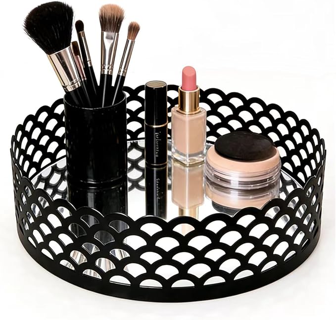 Black Metal Decorative Tray with Mirror Base - Round Vanity Tray for Makeup Brushes, Jewelry, Perfume, and Home Décor(7.3”X2”)