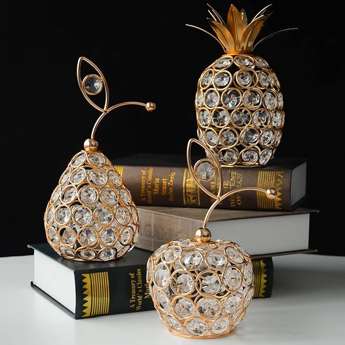 Set of 3 Elegance Crystal Metal Pineapple Pear Table Centerpiece Handmade Crystal Candlestick Hollow Fruit Ornament Home Party Wedding Holiday Decoration (Gold, Set of 3)