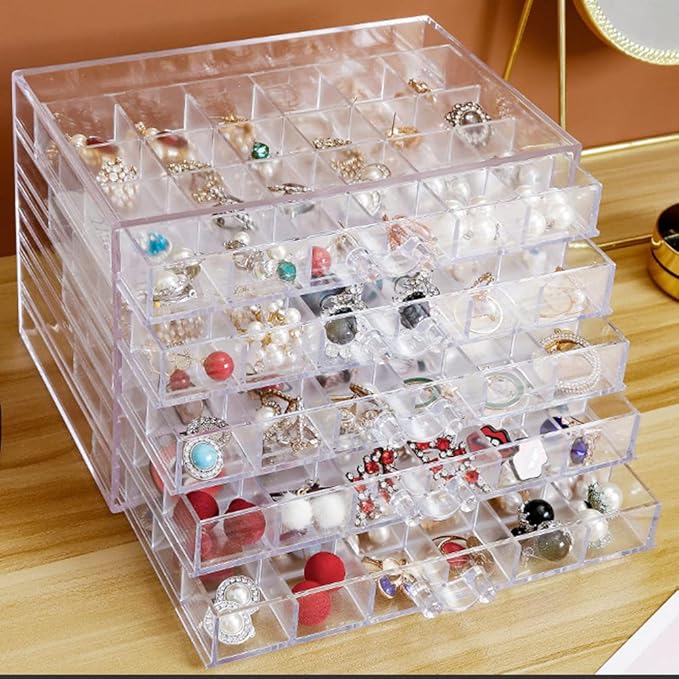 YUFONG Earring Storage Box Organizer, Acrylic Jewelry Storage Box Holder 5 Drawers Transparent Jewelry Display Stand with 120 Small Compartments Gift Boxes for Women Girls (Clear)