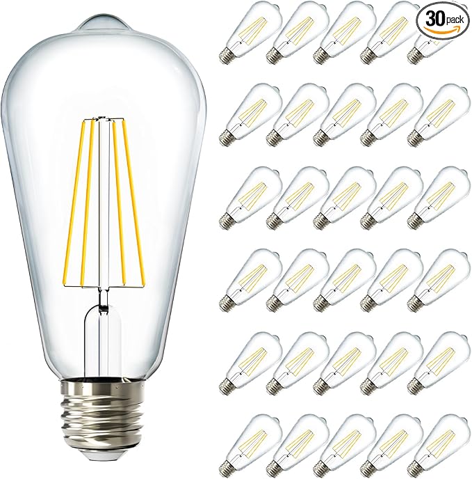Sunco 30 Pack Edison Bulbs LED ST64, Clear Vintage Filament Waterproof Bulb, 800 LM, 8W (60W Equivalent), ST19, 6000K Daylight Deluxe, E26 Medium Base, Decorative Dimmable UL