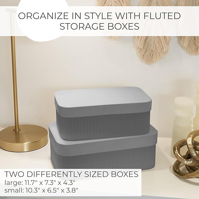 Decorative Storage Boxes with Lids – Set of 2 Beautiful Fluted Cardboard Organizer Bins for Your Home Bookshelf Decor to Safely Store Your Documents, Memory Box Items and Other Keepsakes in Style