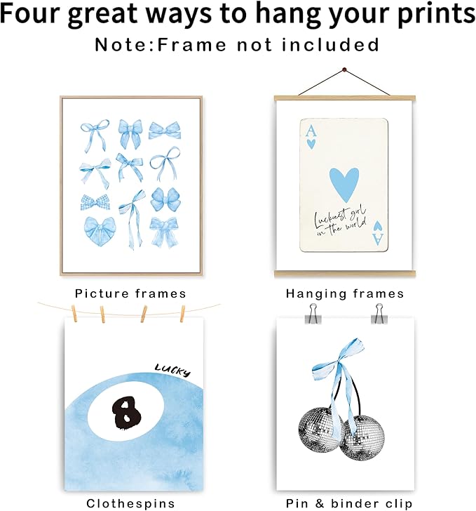okaxscm Blue Coquette Trendy Preppy Wall Art Prints Set of 4, Coquette Room Decor, Preppy Room Decor Aesthetic, Blue Bow Disco 8 Ball Cherry Wall Decor Posters for Girls Bedroom Dorm, 8x10 Unframed