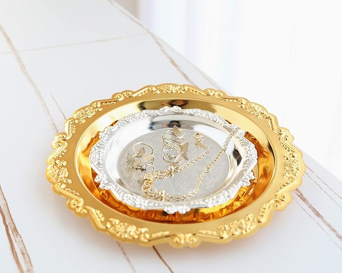 Round Storage Tray Necklace tray Jewelry Holder Organizer Dessert Plate Fruit DishRing Dish Organizer Holder Home Decor Wedding Gift for Perfume Candle Holiday Party (Silver, Mini)