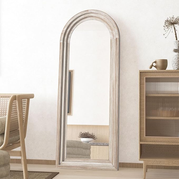 CASSILANDO Arched Full Length Mirror with Solid Wood Frame 65x24 Inch Wall Mounted Floor Mirror, Vertical Hanging Leaning Standing Mirror for Living Room, Bedroom, Entryway, Rustic White