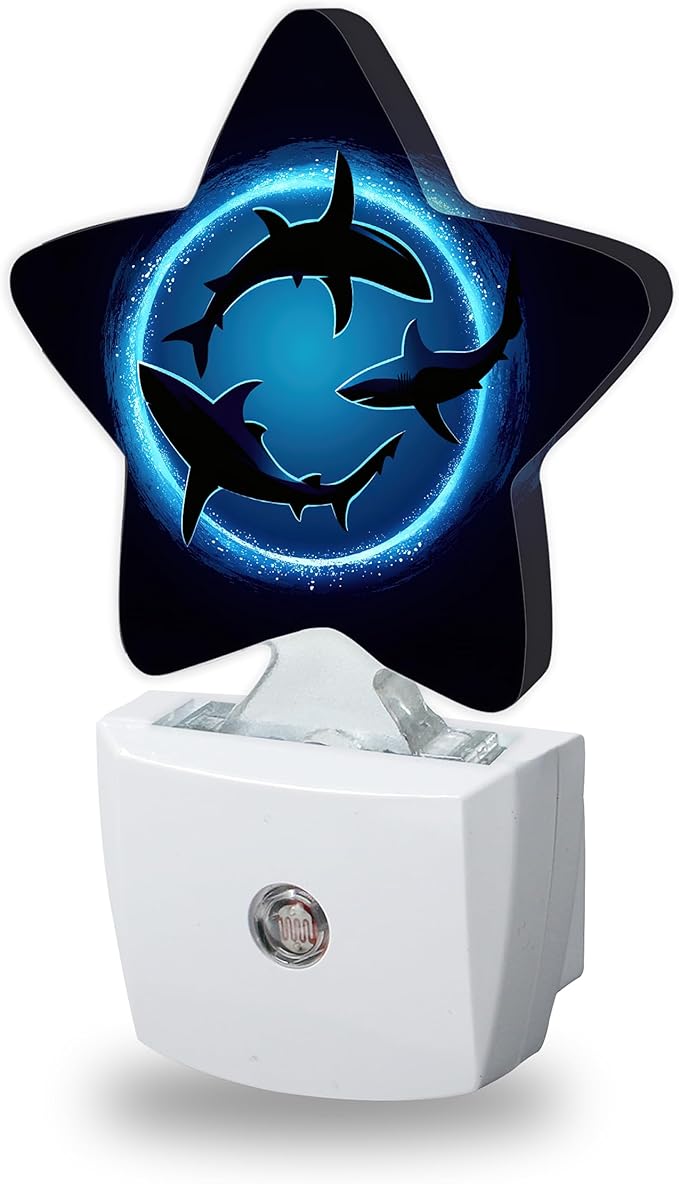 Shark Decorative Nightlight Plug in Wall,Blue Ocean Sea Star Shaped Night Light with Built in Sensor for Home Decor,Kitchen Hallway Stairs Desk Lamp