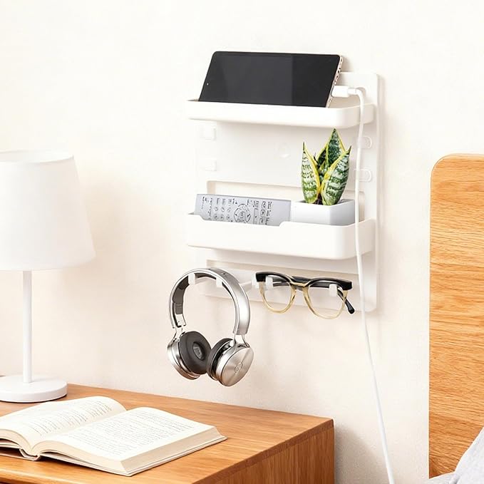 Sturdy Bedside Organizer Shelf for Dorm, Adhesive Bedside Wall Storage with Cable Clips, Space-Saving Floating Shelf for College Preppy Teen Adult Room Bedroom College Back to School Essentials