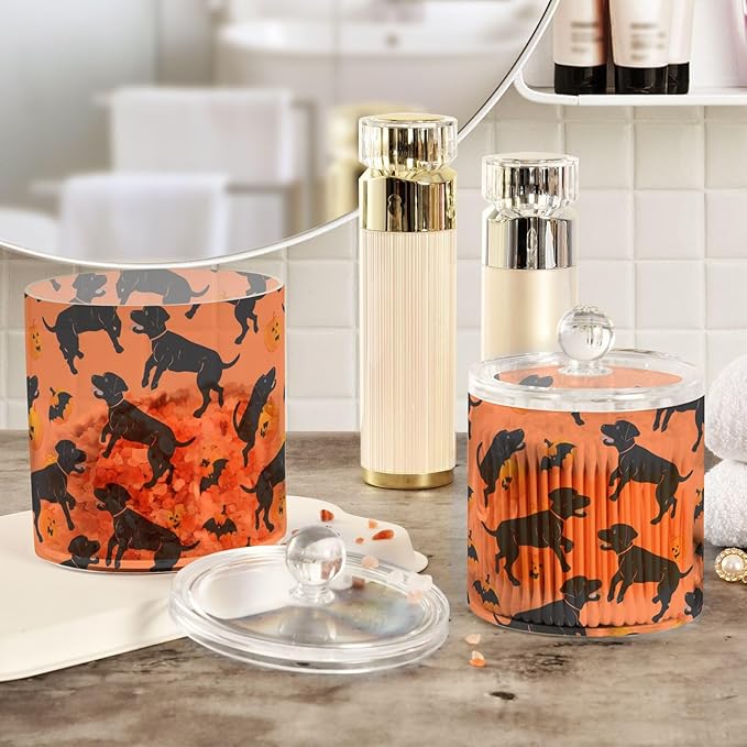 Dancing Labrador Dog Orange Black Pumpkin Clear Plastic Makeup Organizer Storage with lid Pantry Essentials Decorative storage bins for Cotton Swabs,Cotton Pads,Floss Picks,Paper Clips,Hair