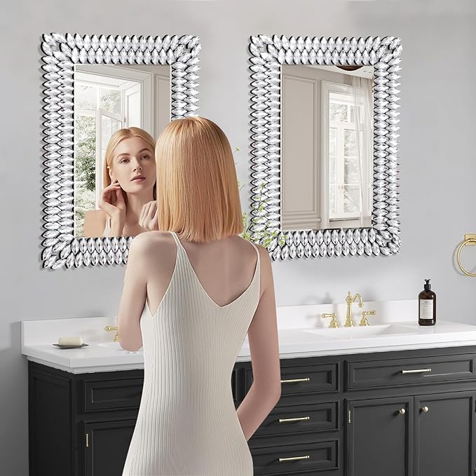 24x36 Inch Rectangle Mirrors for Wall Decor, Luxury Diamond Entryway Mirrors for Wall, Silver Decorative Mirror for Living Room, Bedroom, Bathroom, Dining Room, Fireplace