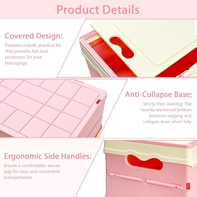 Tobeso-Nuoze Pastel Plastic Storage Bin with Lid Small Cute Foldable Pastel Crates Plastic Basket Colorful Storage Containers Baskets for Classroom Kitchen Office Bedroom Desktop Home Decor (Pink)