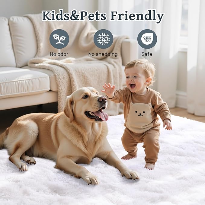 6x9 ft White Rugs for Living Room Fluffy Bedroom Rug Non-Slip Area Rugs Shag Carpet for Nursery Kids PlayRoom Dorm Office Indoor Modern Plush Carpets Teens