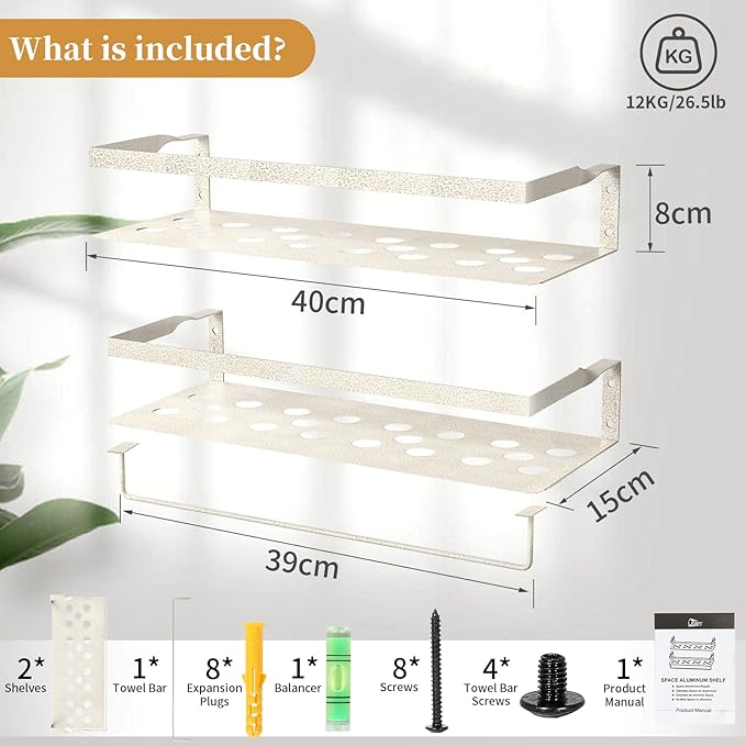 Uten Floating Shelves, Wall Mounted Iron Shelves Set of 2, Bathroom Storage Iron Shelves with Towel Rack, Wall Hanging Organizer Decor Shelf for Bathroom, Kitchen, Bedroom, Living Room