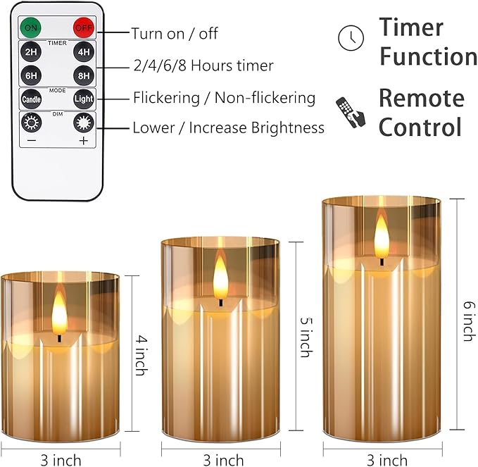 VIEWELLD Glass Flameless Candles with Remote and Timer, Battery Operated Candles, LED Pillar Candles, Electric Fake Candles, Real Wax Set of 3, Christmas Home Wedding Birthday Decor(Gold)