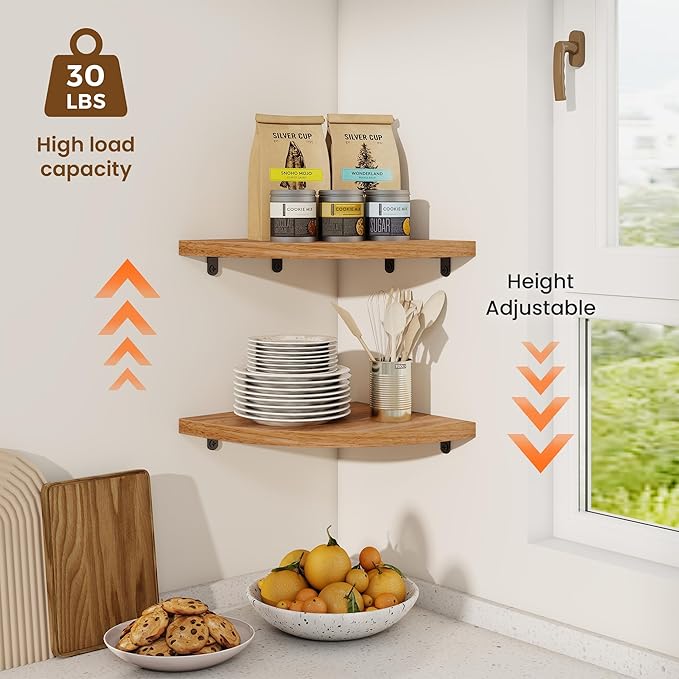 Fun Memories Corner Shelf Wall Mount, Solid Oak Wood Floating Corner Shelves with Cable Hole, 10in Rustic Design for Bedroom, Bathroom, Kitchen, Living Room (Natural, 1 Pack)
