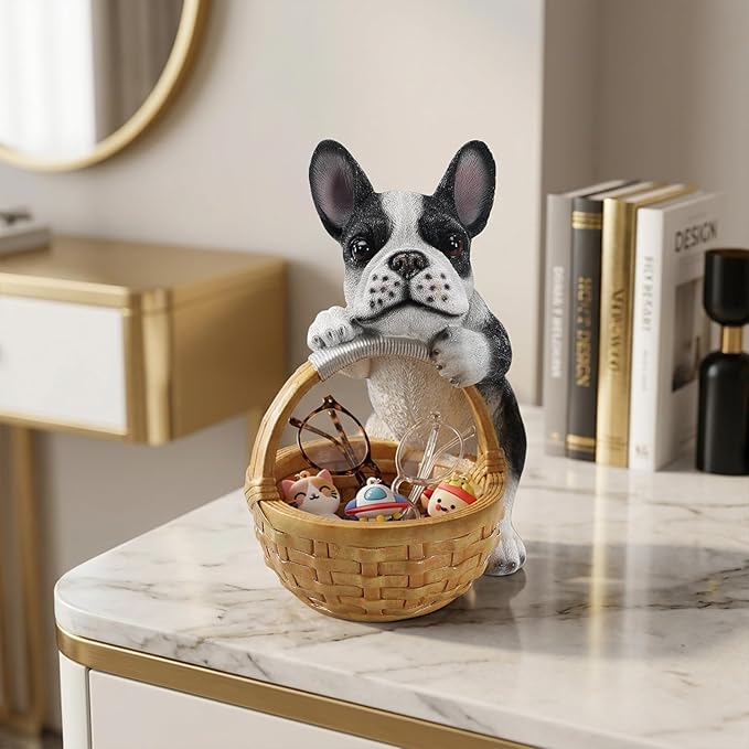 Dog Resin Storage Basket, Desktop Organizer for Remote & Keys, Cute Home Decor Tray, Ideal present for Pet Lovers.(French Bulldog/ Pied)