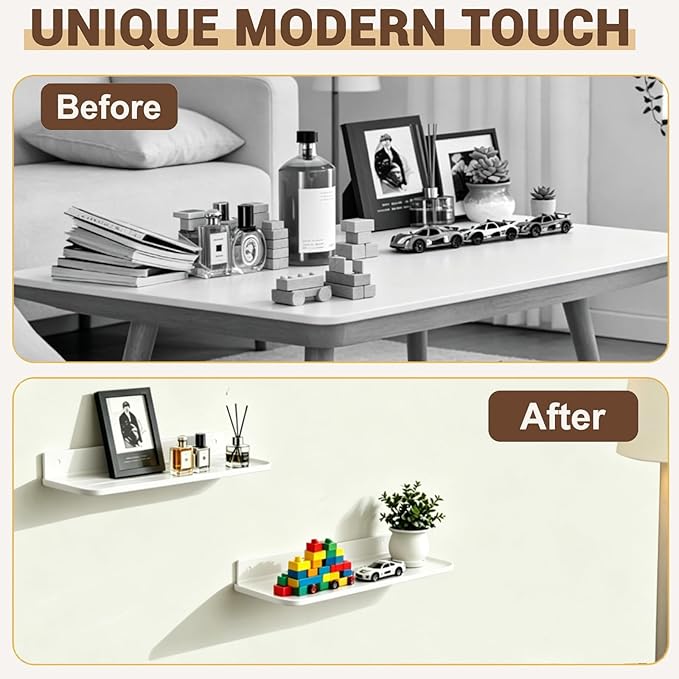 Wall Mounted Floating Shelf, Self Adhesive Shelf, No Drill Adhesive Wall Shelf, Floating Shelves Damage-Free Expand Walls Space for Living Room Kitchen Bathroom (2, White)
