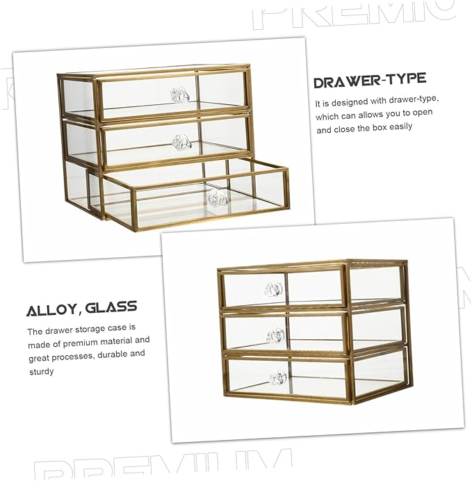 Uonlytech Transparent Glass Jewelry Storage Box with Alloy Frame Large Capacity Desktop Organizer for Cosmetics Lipstick Nail Polish Multipurpose Makeup and Accessories Holder for Home and