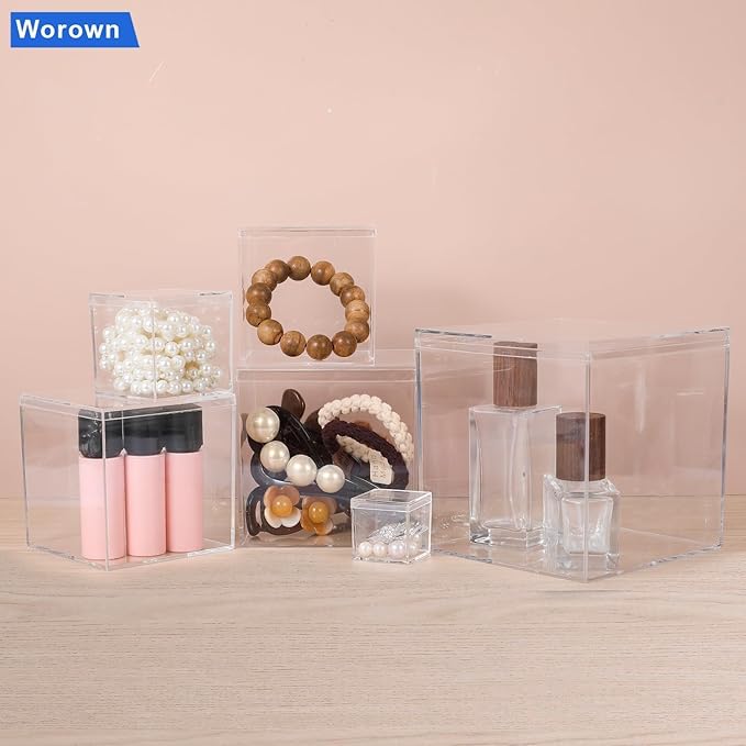 Worown 6 Pcs Acrylic Cube Box with Lid, Clear cube Candy Storage Container, Acrylic Square Cube Boxes for Figures, Cosmetics, Jewelry, Collections (Size 1.3", 2.2", 3", 3.3", 4", 4.7")