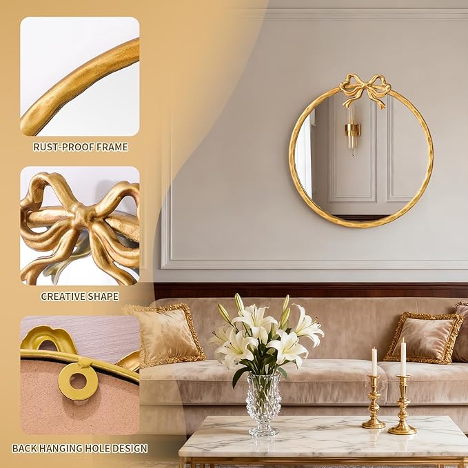 12 Inch Round Gold Mirror, Vintage Gold Mirror, Round Mirrors for Wall Decor, Antique Ornate Metal Circle Mirror with Baroque Bow for Bathroom Vanity Bedroom, Spring Women's Gift