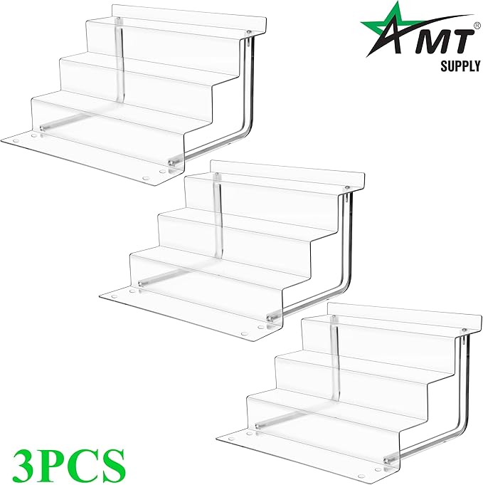 AMT Acrylic Riser Display Stand, 100% Acrylic Clear 4-Tier Organizer for Figures, Cupcake, Perfume, Sunglasses (12 inch x 2.4 inch) 3-pack
