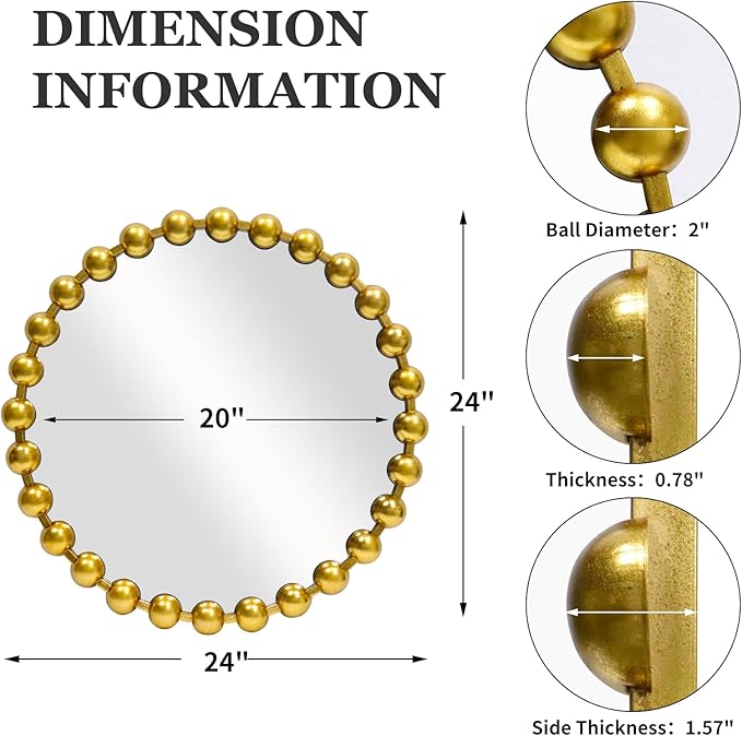 Round Gold Mirror 24'', Spherical Frame Vintage Beaded Mirror for Wall Decor Large Circle Mirror for Bathroom, Dining Roon, Bed Room, Entryway