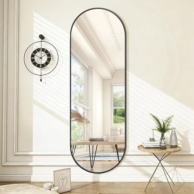 Niccy 65"×22" Oval Full Length Mirrors, Long Wall-Mounted Mirror with Aluminum Frame, Large Body Mirrors for Living Room, Explosion-Proof Hanging Wall Mirror for Bathroom Bedroom Entryway Decor, Black