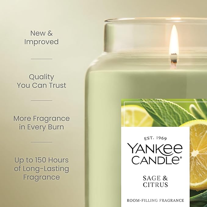 Yankee Candle Sage & Citrus, Scented Candle, 22oz Large Jar with up to 150 Hour Burn Time, Giftable, Birthdays (Pack of 4)