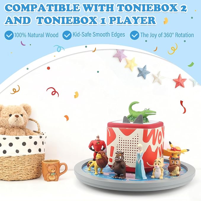 360° Round Turntable for Tonies Figures Storage, Fun Fishing Game with Magnetic Hook to “Catch” for Tonies Characters, Ocean Theme Wooden Organizer Storage Shelf Display for Toniebox 1/2