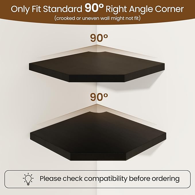 Fun Memories Corner Shelf Wall Mount Set of 2 - Solid Oak Wood Floating Corner Shelf with Cable Hole, 10in Rustic Design for Bedroom, Living Room, Kitchen (Black)