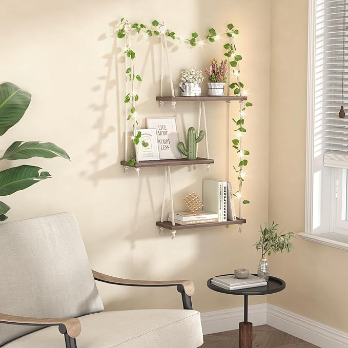 REFGY Hanging Shelves for Wall with Vine Lights, 3 Tier Rope Wall Hanging Plant Shelf, Boho Wall Decor Aesthetic for Succulents, Bedroom, Living Room, Bathroom (Rustic Brown)