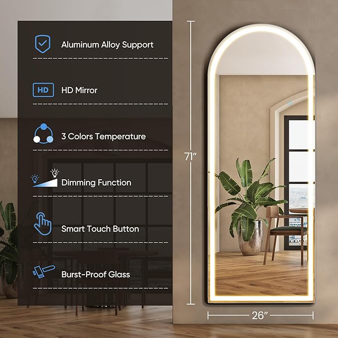 DUMOS Arched Full Length Mirror with Light- 26"×70" LED Floor Standing Mirror with 3 Color Lights & Wall Mounted for Bedroom, Dressing Room, Living Room, Bathroom