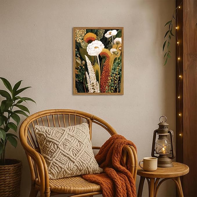 Framed Vintage Floral Canvas Wall Art, Abstract Flower Pictures Wall Decor, Boho Wildflower Botanical Paintings Prints Mid Century Modern Home Decor Aesthetic for Living Room Bedroom 12x16 inch