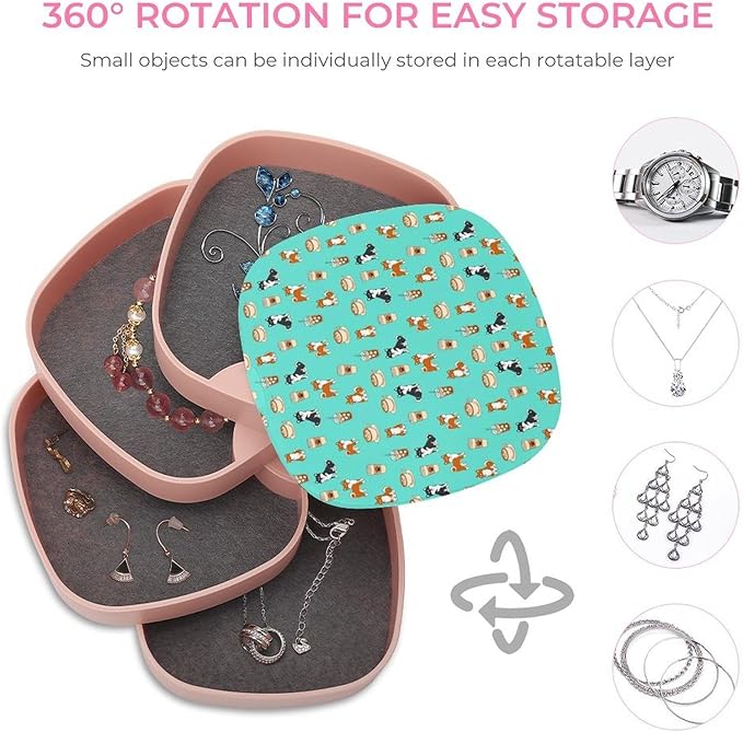 4-Layer Rotatable Jewelry Accessory Storage Tray Shiba Inu Coffee Print Dog And Coffees Travel Jewelry Case Earring Holder with Mirror