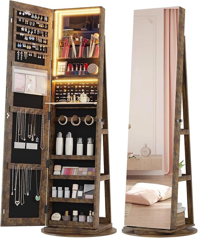 Vlsrka Full Length Mirror with Storage, 63" Rotating Jewelry Cabinet Standing, Lockable Jewelry Armoire with LED Lights, Foldable Makeup Shelf, Jewelry Organizer for Bedroom Small Space, Rustic Brown