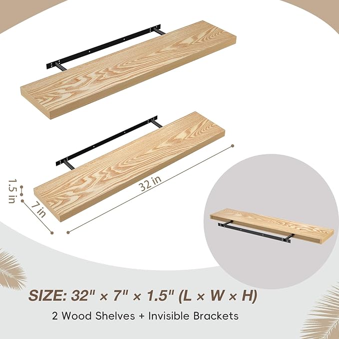 Lufia Floating Wall Shelves, Set of 2, MDF with Invisible Brackets, Modern Storage for Bedroom, Bathroom, Living Room, Kitchen (Oak, 32" W x 7" D x 1.5" H)