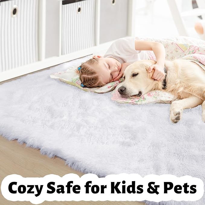 White Area Rugs for Bedroom Living Room, Fluffy Shag Rug 5x7 for Kids Room Decor, Modern Furry Plush Rugs for Baby Nursery, Teen Girls Boys, Cute Fuzzy White Fur Carpet for Dorm, Home Office, Playroom