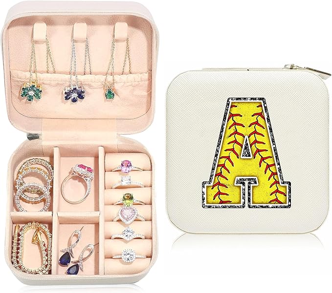 Softball Initial A Travel Jewelry Case,Valentine's Day Gift Softball Gifts for Teen Easter,Jewelry Box Personalized Softballs Accessories Letter Birthday Gifts for Players Coach Team Mom