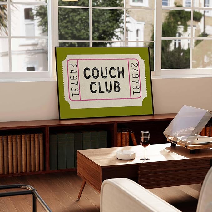 Vintage Canvas Wall Art Couch Club Ticket Wall Decor Retro Green Minimalist Quote Poster Fashion Green Aesthetic Posters Vintage Funny Artwork for Living Room Bedroom Home Decor, 24x16inch Unframed