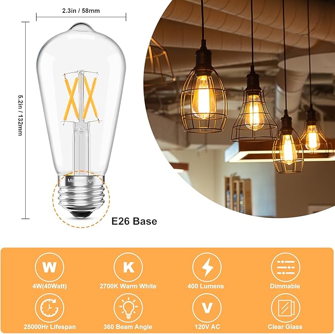MorningLight 6 Pack Dimmable Vintage LED Edison Bulbs 40Watt, E26 LED Edison Light Bulbs 40 Watt Warm White 2700K, 4W ST58 Antique Decorative Filament Bulb for Farmhouse Pendant, Porch Lights, 400LM
