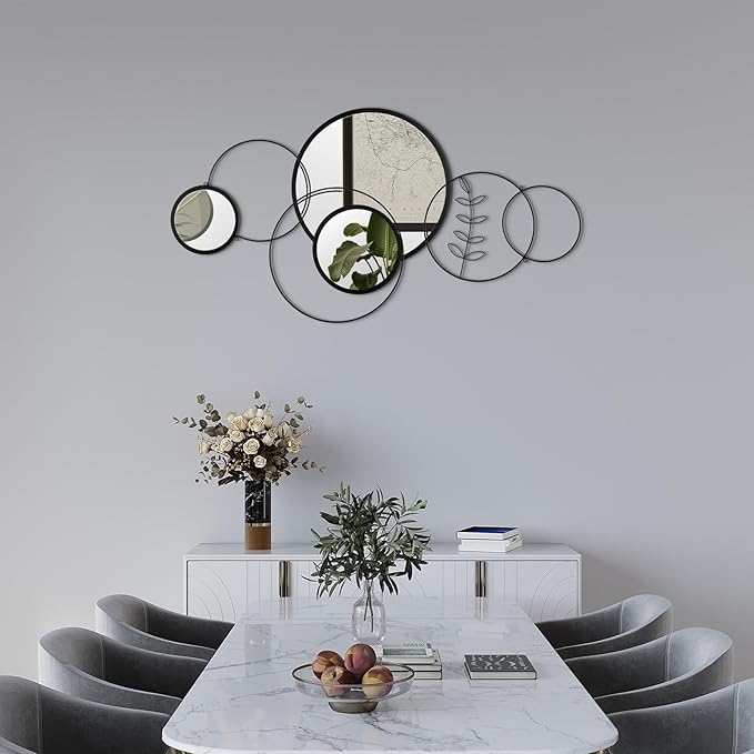 Hicarer Wall Mirror Decorative 41.34'' x 17.72'' Round Modern Metal Wall Mirrors Set for Living Room Circle Plates Overlapping Decorations for Hallway Entryway(Black)
