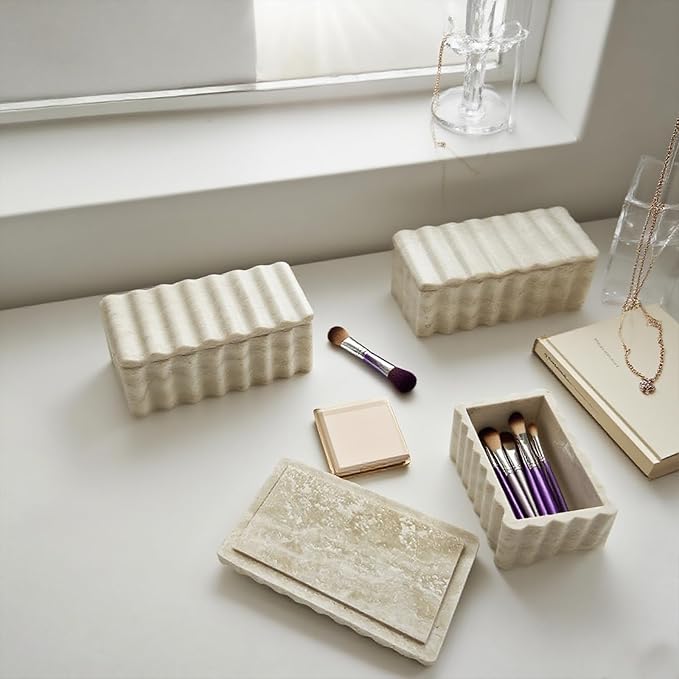 Natural Stone Storage Box with Wave Pattern, Decorative Organizer for Makeup, Jewelry, Perfume, Bathroom Vanity (Beige)
