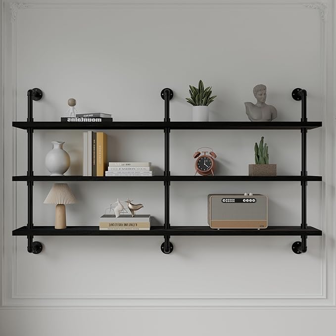 HDDFER Industrial Pipe Shelving Rustic Black Pipe Wall Shelves Industrial Shelves with Wood Planks Floating Shelves 60 Inch Farmhouse Bathroom,Kitchen Shelving Wall Mounted