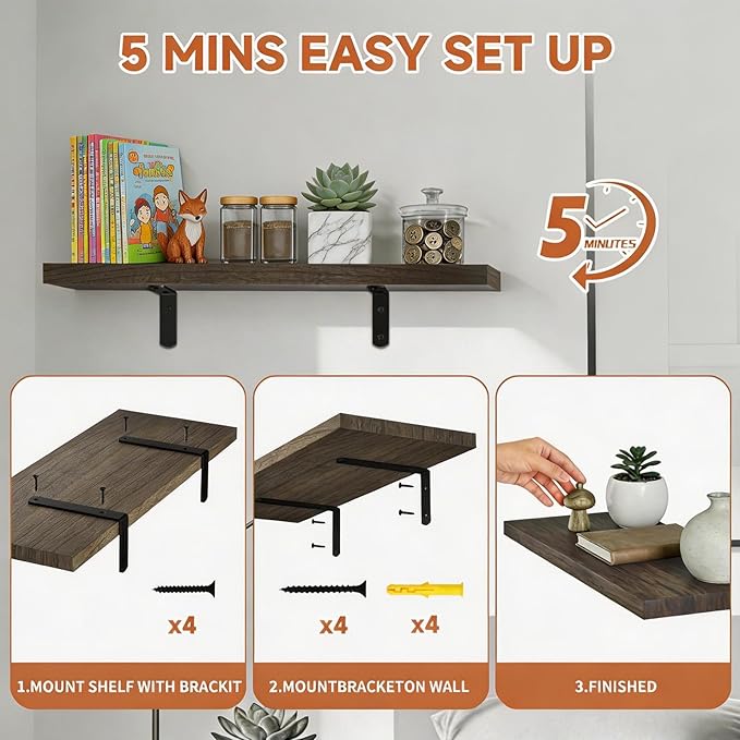 LifetimeWarranty Easy Install Wall Shelves with Brackets,15.7 Inch Wall Mounted Wood Floating Wall Shelf, Small Wall Shelf for Storage&Home Decor, Living Room,Kitchen,Office,Book Corner Shelf,Set of 3