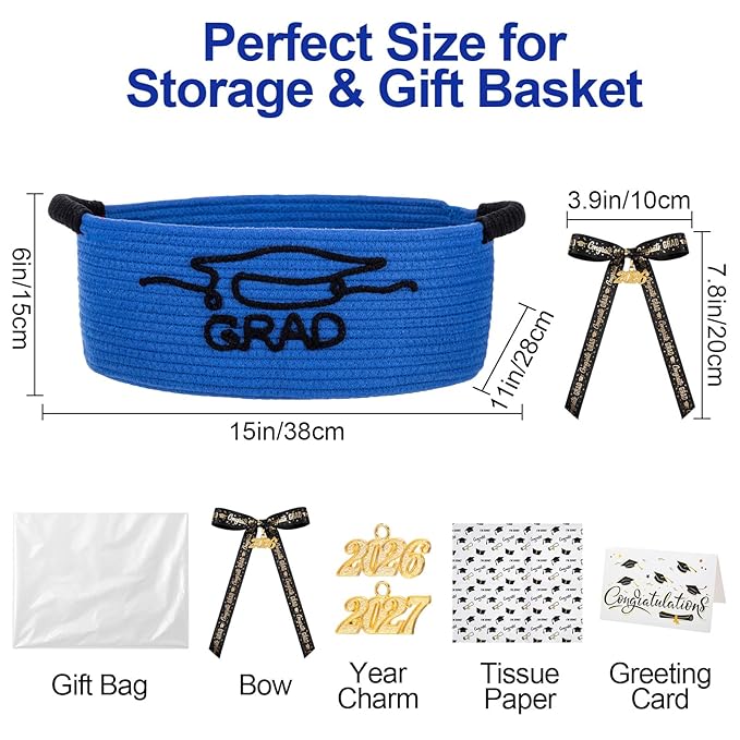 Colingmill 2026 Graduations & Nurses Week Gift Basket Empty to Fill, Woven Rope Basket 15" x 11" x 6" Decorative Storage Baskets with Gift Bag, Bow, Tissue Paper & Year Charm(Blue,Black,Graduation)