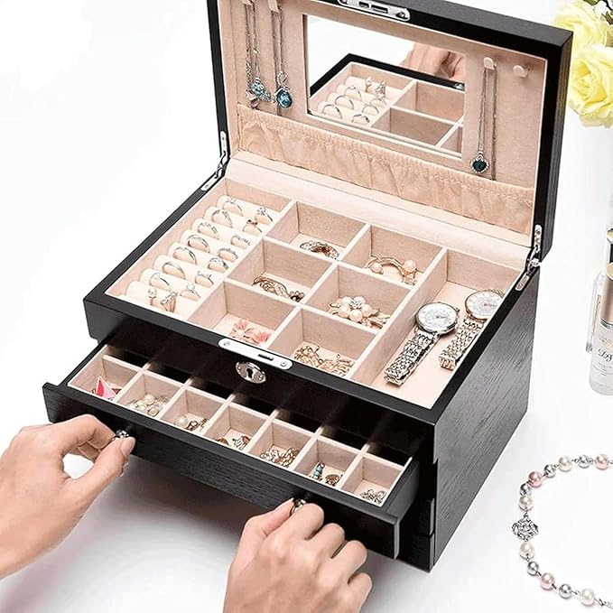 Wooden Jewelry Box, Jewelry Box for Women, Large Capacity Jewelry Case Retro Style Organizer Box Makeup Storage For Women