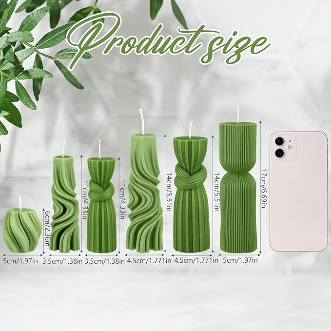 Threlaco 6 Pcs Pillar Candles Decorative Modern Aesthetic Ribbed Candle Set Cute Soy Wax Scented Ribbed Decor Valentine's Commemorative Gift for Home Decoration(Green,2.36-6.89 Inch)