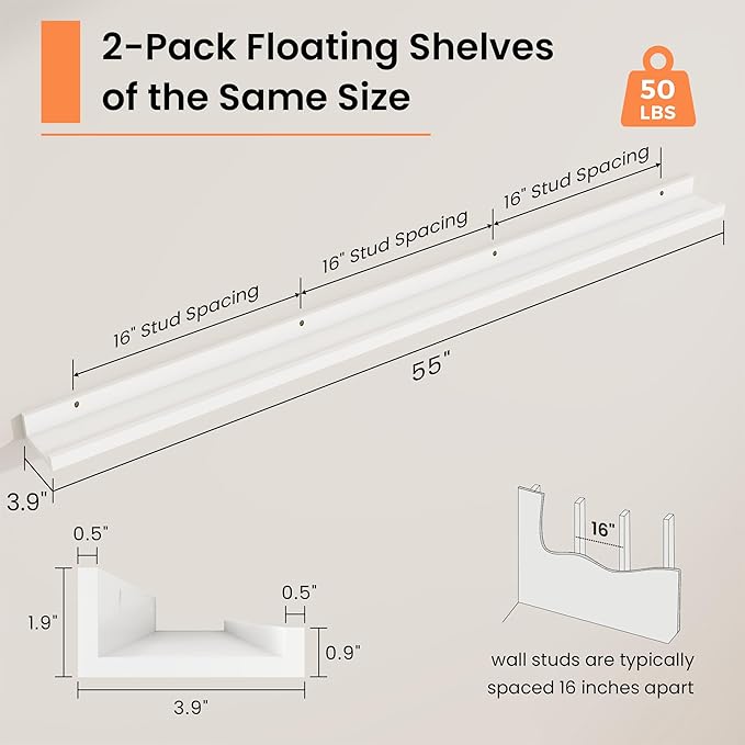 RICHFOCUS Picture Ledge Shelf, 55 inch Floating Shelves Set of 2, Wood Wall Shelves with Lip, Wall Decor Storage for Bedroom Living Room Bathroom Kitchen Nursery Photo Picture, White