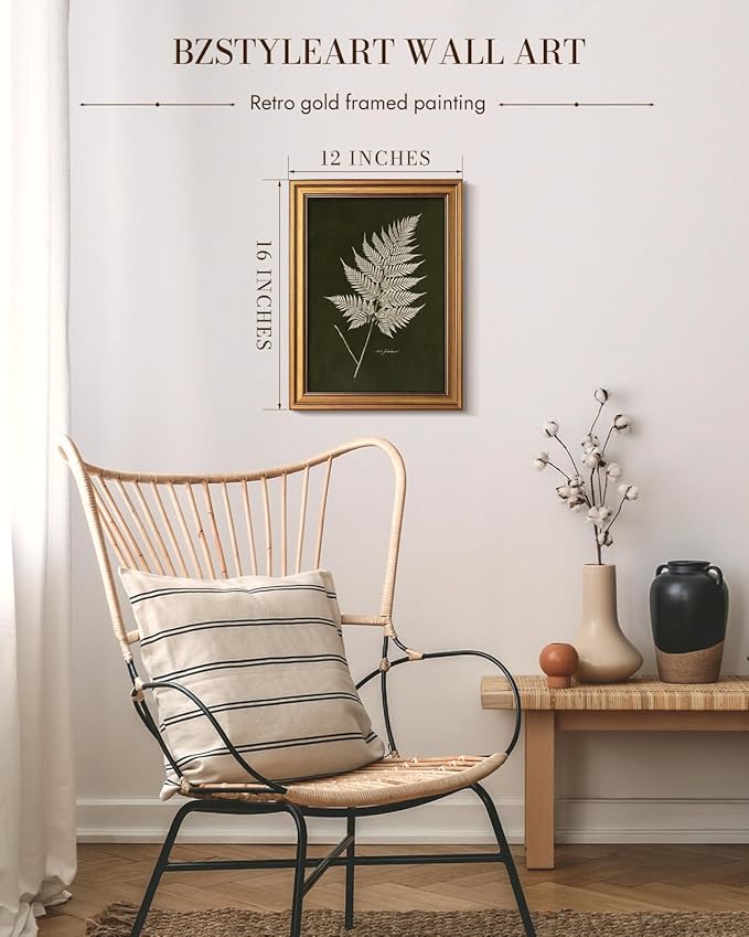 Bzstyleart Vintage Wall Art Decor Bedroom, Vintage Gold Framed Artwork, Fern Leaves Botanical wall Art Living Room, Canvas Picture Painting Room Decor Aesthetic, 12 x 16 Inch