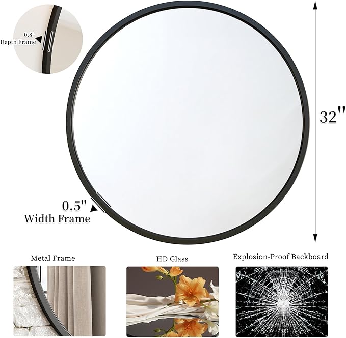 G-LEAF Black Round Mirror 32 inch Circle Mirror for Bathroom Vanity, Entryway, Living Room, Round Bathroom Mirror for Wall