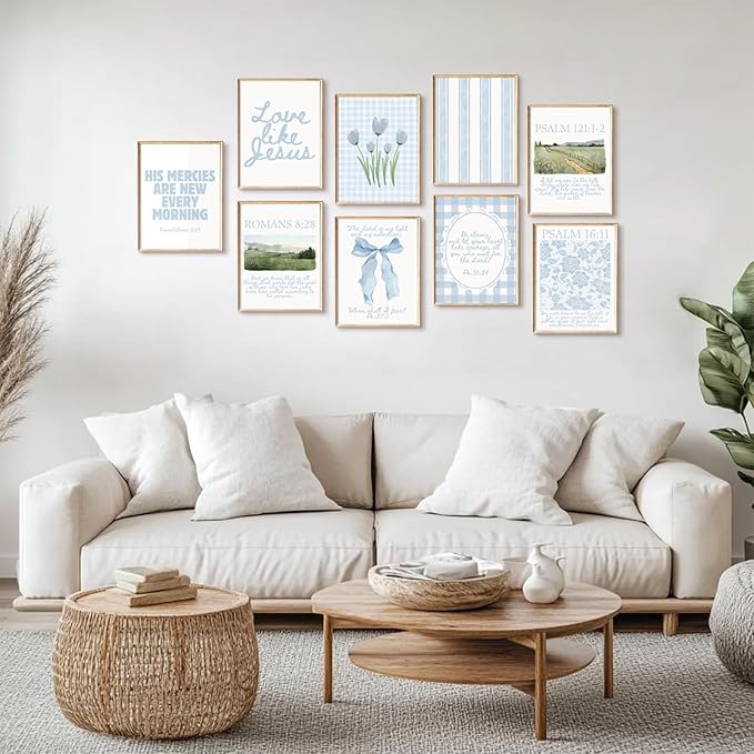 Light Blue Christian Wall Art Coquette Bible Verse Canvas Wall Decor Preppy Trendy Floral Poster Aesthetic Christian Bow Picture Religious Scripture Prints for Girls Dorm Bedroom 12x16x9 Inch Unframed